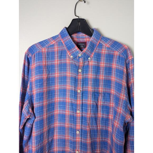 UNTUCKit Blue Red Plaid Size L 100% LINEN Button Down Casual Shirt Front Pocket - Picture 3 of 9